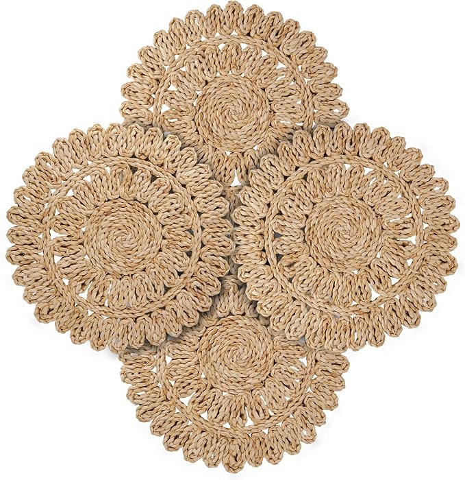 15" Corn Husk Woven Round Placemats Set of 4 - Wicker Boho Farmhouse Placemats - Rattan Table Mats Like Water Hyacinth for Dining Table, Wedding, Home, Christmas, Party