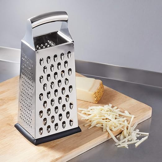 Amazon Basics Rectangular 4-Sided Box Cheese Grater and Shredder, Stainless Steel, Handheld, for Vegetables, Zester, Non-Slip Base, Dishwasher-Safe, 9 inch, Black
