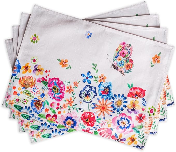 Maison d' Hermine Placemats Set of 4 Reusable 100% Cotton (13"x19") | Cloth Place Mats Washable Table Mats for Kitchen Dining Party Home Restaurant Spring Summer - Happy Florals - High Summer