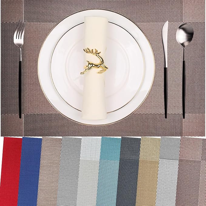 Vinyl Placemats Heat-Resistant Table Mats Washable Easy Clean Plastic Placemats for Dining Table Set of 8 (Brown)