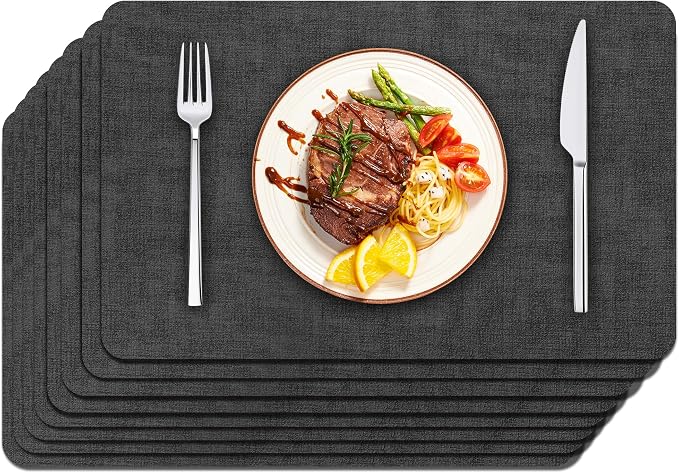 Maxpearl Faux Leather Placemats Set of 8, Easy to Clean, Dark Grey | Waterproof - Heat Resistant - Non Slip - Wipe Clean Dining Table Place Mats, Suitable for Indoor & Outdoor Use, 17''×12''
