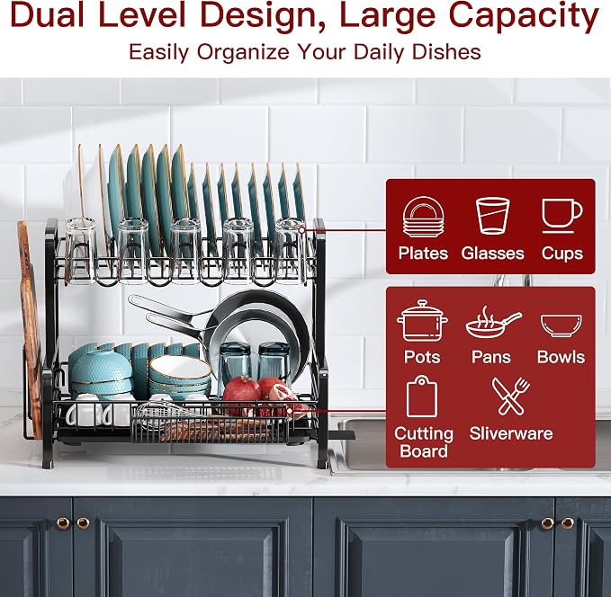 2 Tier Black Stainless Steel Dish Drying Rack for Kitchen Counter | Large Capacity Dish Drainer with Drainboard, Cup & Utensil Holder, Space Saving Rustproof Metal Plate Rack, Fast Drain
