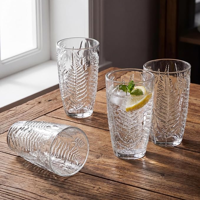 Clear Drinking Glasses Set of 4, 16 oz Glass Cups, Vintage Fern Glassware | Hand-Pressed, Dishwasher Safe, Boho Leaf-Textured Drinkware, Decorative Embossed Highball Tumblers for Water, Retro Kitchen