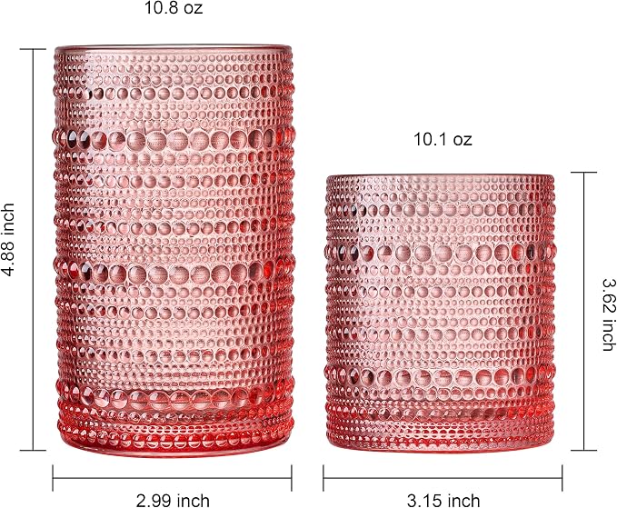 Hobnail Beaded Highball Drinking Tumbler Glasses | Set of 10 | Color, Vintage Bubble Design Whiskey Glassware, Old-Fashioned, Embossed Design, Water, Wine, Cocktail Embossed Heavy Glass, Rocks Glass