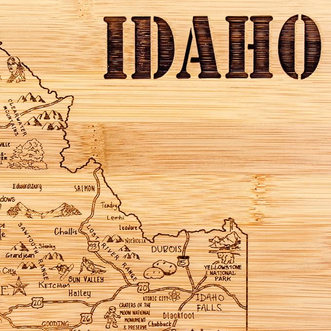 Totally Bamboo A Slice of Life Idaho Engraved Map Cutting Board | 11” x 8.75” charcuterie board with engraved state map artwork. Smooth reverse side for food prep. Hang tie for wall display.