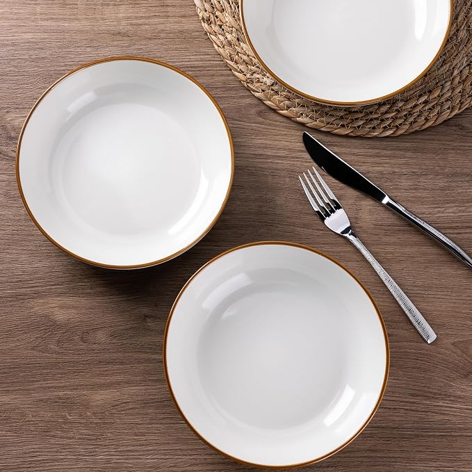 AmorArc 8.5’’ Ceramic Pasta Bowls Set of 6, 36oz Large Stoneware Bowls Set | Large Dinner Serving Bowls Set, Wide Bowl Plate for Pasta,Salad, Soup, Microwave Safe, Reactive Glaze-Pearl White