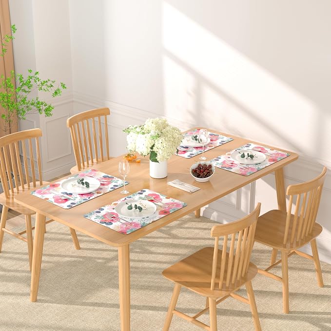 QIYI PU Leather Placemats Set of 4, 12"x18" Waterproof Table Mats, Peonies | Faux Leather, Heat Resistant, Anti Slip, Wipeable Place Mats for Kitchen Dinning, Party Table Décor, Watercolor Pink Flowers