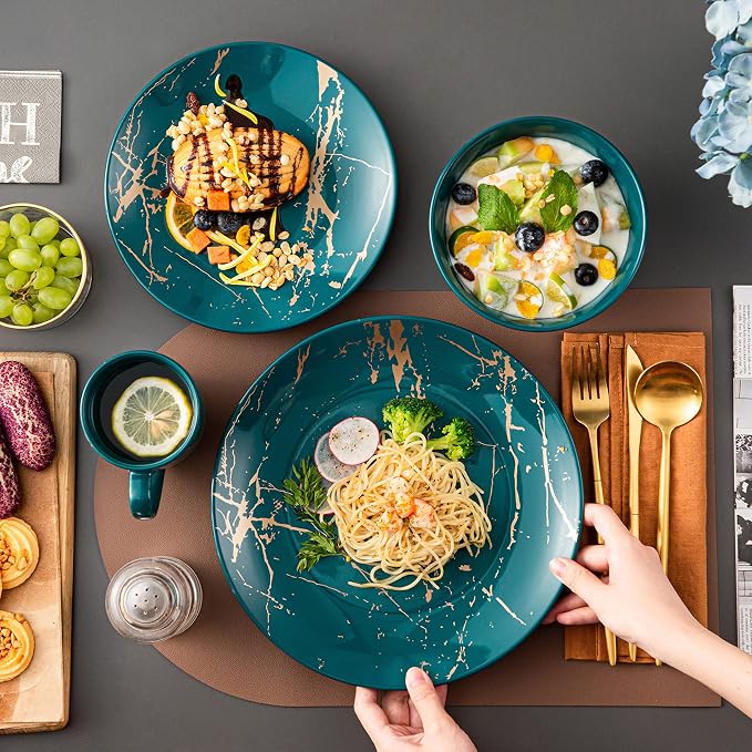 LOVECASA Porcelain Dinnerware Sets for 4, 16 PCS Plates and Bowls Set, Color Glaze with Gold Plate Dish Set, Dinner Sets with Dinner Plates, Dessert Plate, Bowls and Mugs, Dark Green