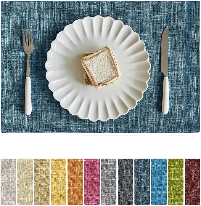 Softalker Faux Linen Placemats Set of 6-12 x 18 Inch, Heat Resistant Double Layered Durable Burlap Farmhouse Place Mats, Non-Slip Washable Rustic Table Mats for Dining, Kitchen, Party（Teal