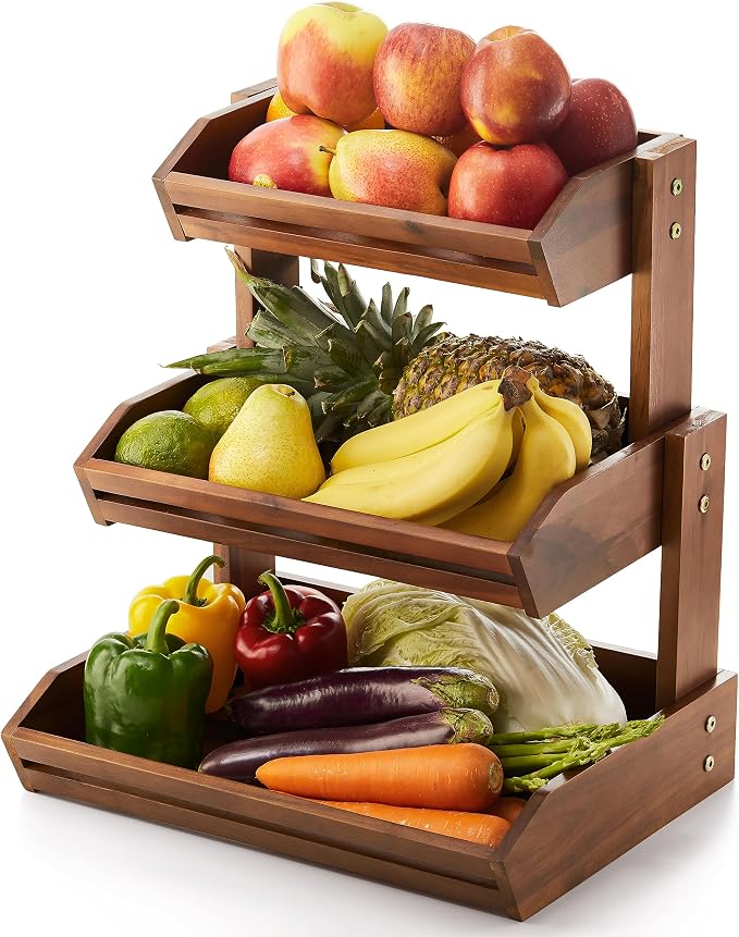 HOLANA Acacia Wood 3 Tier Fruit Basket, Durable, for Fruit and Vegetables | Solid Acacia Wood, Non-slip Pad, 20LBS Capacity, Slatted Design, Multi-Purpose Storage, Easy Assembly, Pantry Bin. Detachable