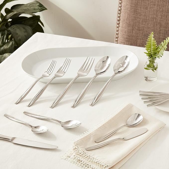 Oneida Camlynn Mirror 45 Piece Casual Flatware Set, 18/0 Stainless, Service for 8,Silver | mirror finish, dishwasher safe | includes serving spoons and utensil set | cutlery set, wedding silverware