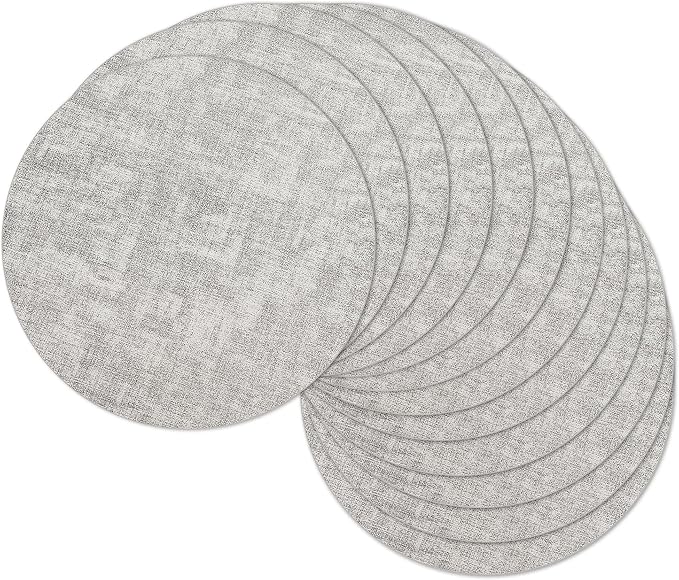 13" Round Placemats Set of 12, Reversible Faux Leather Wipeable Table Mats | 2mm Vinyl Heat Resistant, Waterproof Oilproof Scratch Proof Non-Slip, Washable for Kitchen Dining Indoor Outdoor (Light Grey)