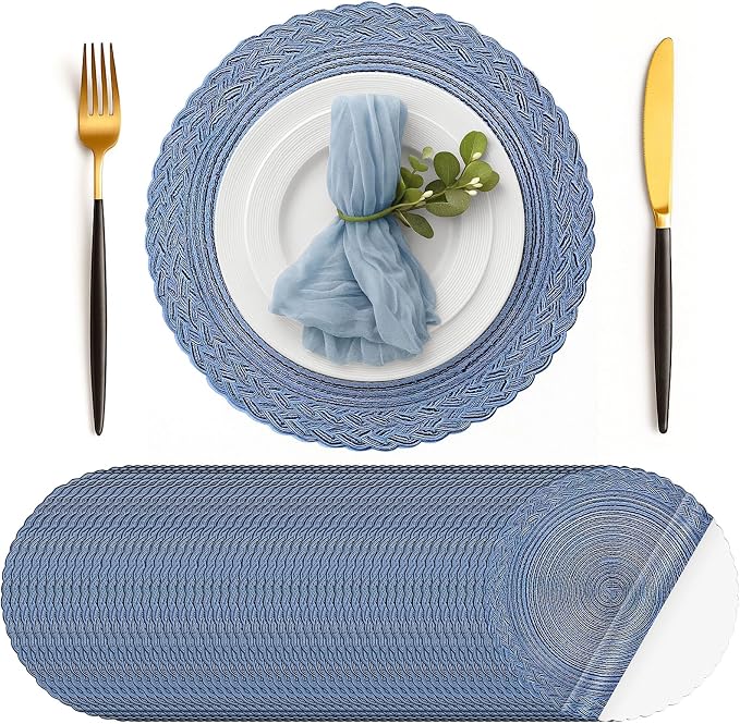 Geosar 100 Pcs Disposable Paper Placemats Cotton Woven Look 13'' Boho Round Placemats with Wavy Edge Rustic Table Pads Bulk for Dining Table Decoration Birthday Wedding Bridal Party (Navy Blue)