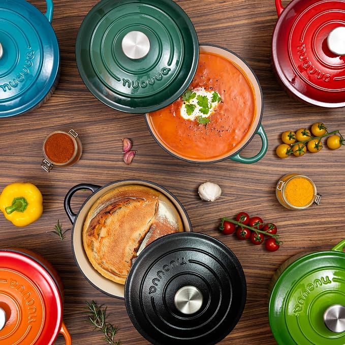 Cast Iron Dutch Oven with Lid - Non-Stick Ovenproof Enamelled Casserole Pot- Sturdy Dutch Oven Cookware - Red, 7.3- Quart, 30cm- by Nuovva