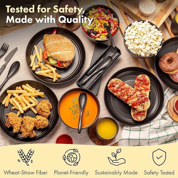 FOODLE Wheat Straw Dinnerware Set - RV, Camping, Picnic Plates Cups & Bowls | BPA-Free & Safety Tested - Microwave & Dishwasher Safe - Lightweight & Unbreakable Dishes - Great for Kids & Adults - For 4