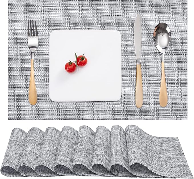 Myir JUN Placemats Set of 8 Kitchen and Dining Table Placemats | Vinyl Placemats Place Mats Indoor/Outdoor Set of 8 Washable Table Mats Non-Slip Place mats for Dining Table, Gray