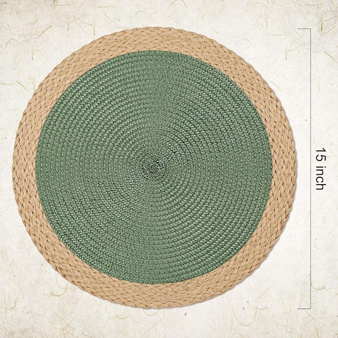 Round Placemats Set of 6, Woven Table Mats, Wide Edge, Green | Braided Paper Edge, 15 Inch Diameter, Fits Dinner Plate and Flatware, Wipeable, Heat Resistant, Indoor Dining, Outdoor Patio