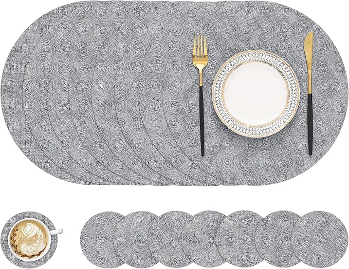 Round Faux Leather Placemat and Coaster 8 Packs, Washable Heat Resistant Dining Place Mats, Wipeable Double-Sided Table Mats for Indoor and Outdoor, Diameter 13 and 3.93 inch, Light Grey