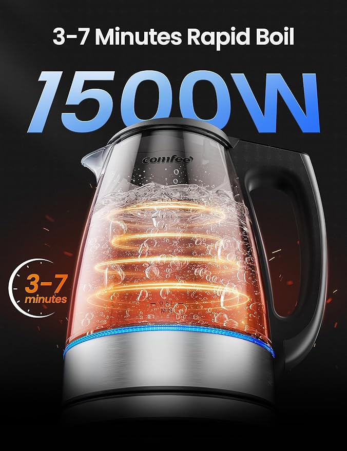 COMFEE' 1.7L Glass Temperature-Control Electric Kettle with 6 Preset Modes