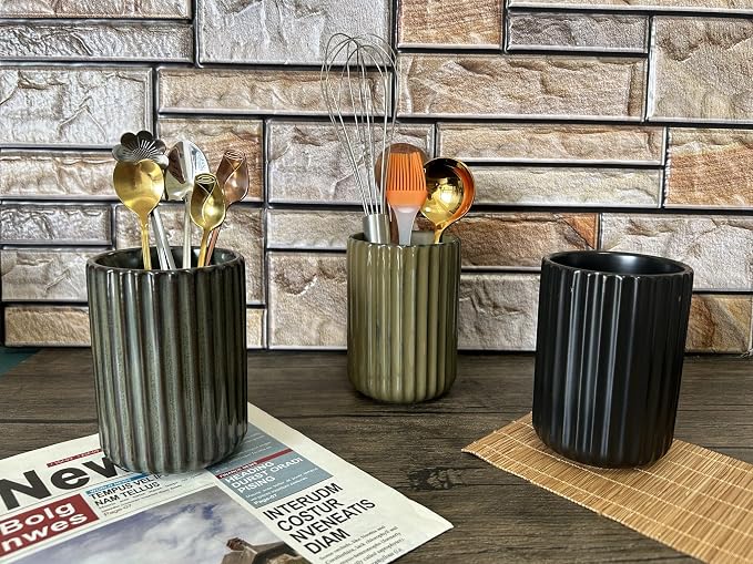 TOPYOKK Stoneware Coffee Bar Utensil Holder Tea & Coffee Spoon & Stirrer Holder for Stir Stick Straw Teaspoon Holder Espresso Spoon Cup Small Utensil Jar Fluted Vertical Stripe (Retro Green)