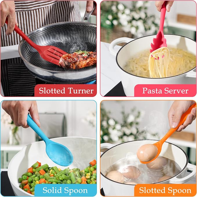 LIANYU Colorful Kitchen Cooking Utensils Set, 8Pcs Silicone Utensils Set | Heat Resistant Cooking Gadgets for Nonstick Cookware, Include Silicone Spoon, Turner, Spatula, Ladle, Multi-Color