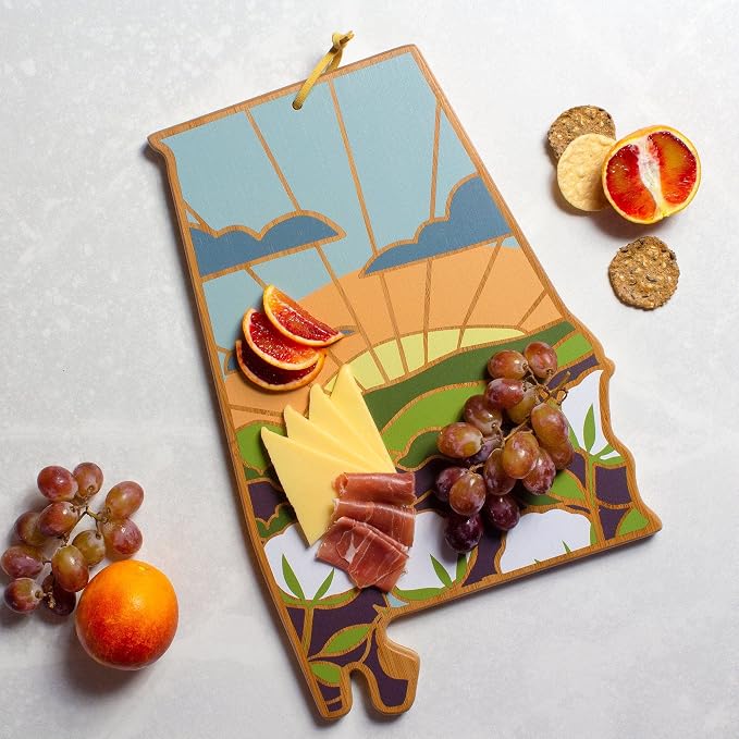 Totally Bamboo Alabama State Shaped Cutting Board, Summer Stokes Art | State charcuterie board with colorful hand-drawn landscape art. Smooth reverse side for food prep. Hang tie for wall display.