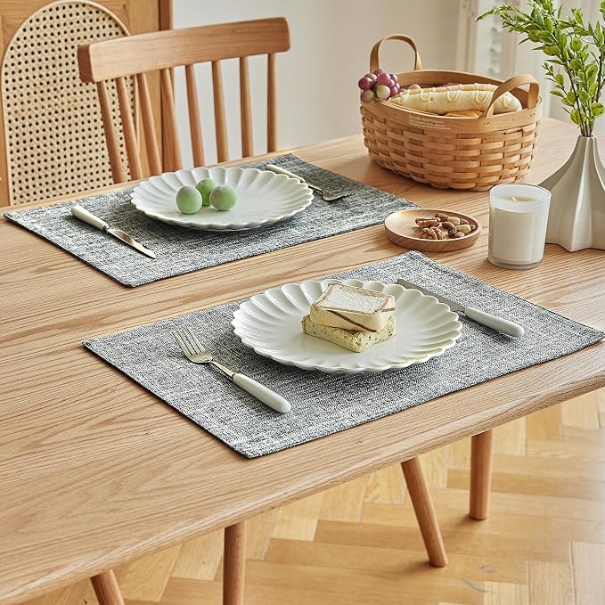 Softalker Faux Linen Placemats Set of 4-12 x 18 Inch, Heat Resistant Double Layered Durable Burlap Farmhouse Place Mats, Non-Slip Washable Rustic Table Mats for Dining, Kitchen, Party（Ash Grey