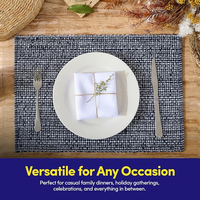 Sweet Home Collection 100% Cotton Placemats for Dining Room Rectangle Two Tone Woven Fabric 13" x 19" Soft Durable Table Mat Set, Set of 6, Navy