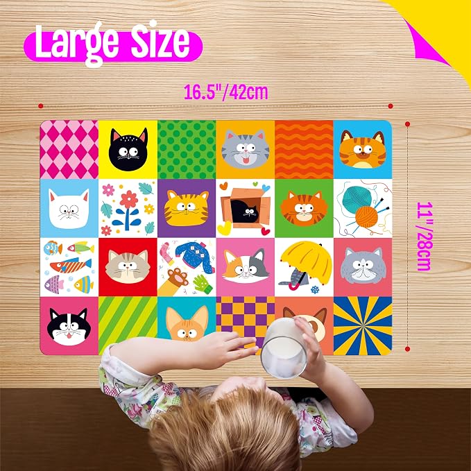 6 Pack Placemats for Kids, Non-Slip Washable Dining Mats, Reusable Cat-Themed Table Mats for Home, Kindergarten, Classroom, Nursery
