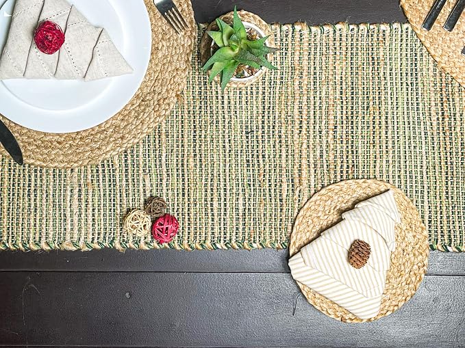 Chardin Natural Jute Table Runner, 13x36 Inch | Home, Vintage Boho Rustic Decor, Handwoven, Green, Farmhouse Dining or Console Table Accent