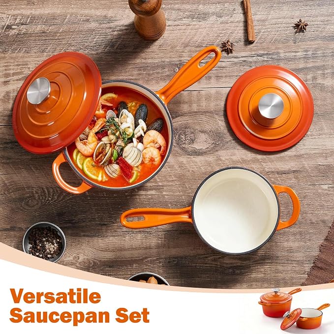 Homikit 1 QT & 2 QT Saucepan Set, Enameled Cast Iron Saucepan with Lid for All Cooktops, Small Pot Mini Dutch Oven for Kitchen Cooking, Boiling, Nonstick & Heavy Duty, Flame Orange