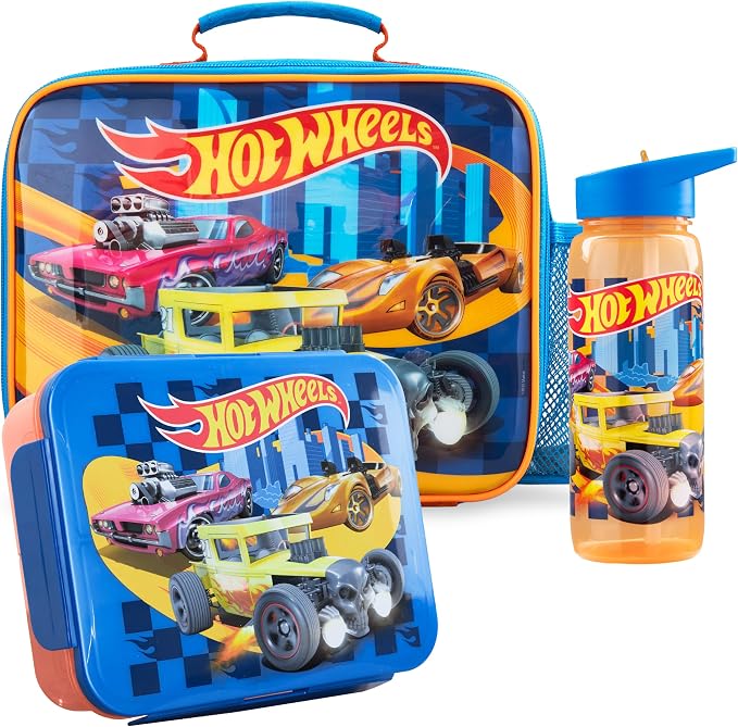 Get Trend Hot Wheels Lunch Bag, Bento Box & Water Bottle, 3 Pc Set | Insulated Lunch Bag, Lightweight Snack Box, 22 fl oz BPA-Free Water Bottle with Straw, School, Picnic, Gamer Gifts for Boys