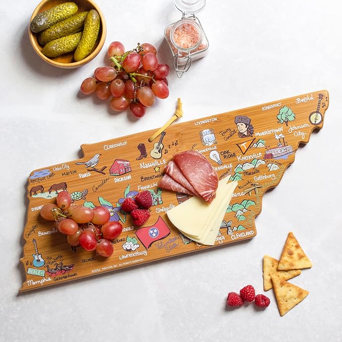 Totally Bamboo Tennessee State Shaped Cutting Board, Art by Fish Kiss | State charcuterie board with colorful hand-drawn map artwork. Smooth reverse side for food prep. Hang tie for wall display.