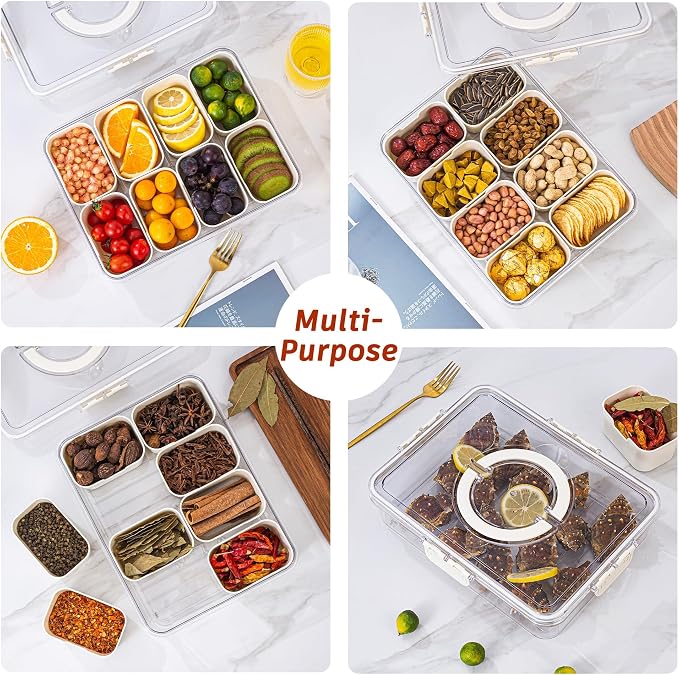Dingerjar Divided Serving Tray with Lid and Handle - Divided Snack Tray for Portable Snack Platters - Clear Organizer for Candy, Fruits, Nuts, Snacks - Perfect for Party, Entertaining，2 pcs