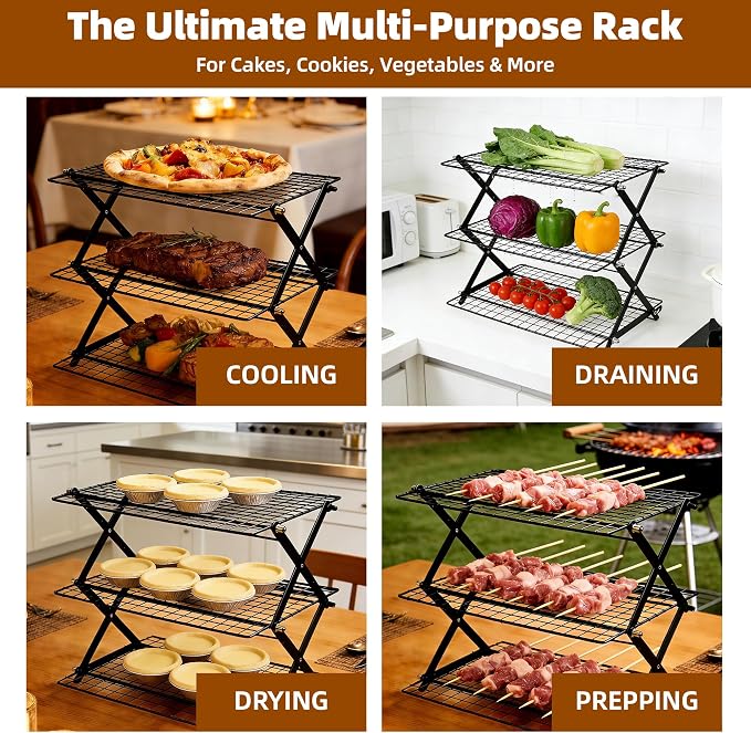 4 Tier Collapsible Cooling Rack Sourdough Cooling Rack 17"x10" | Cooling Racks for Cooking and Baking, Roasting, Grilling, Adjustable 6 Setting Design stackable, Oven & Dishwasher Safe