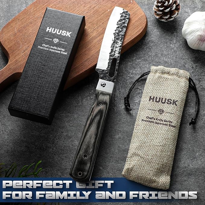 Huusk Japanese Folding Nakiri Knife - Pocket Vegetable Knife | Hand Forged Blade, Wooden Handle, Gift Box, For BBQ, for Camping and Travel