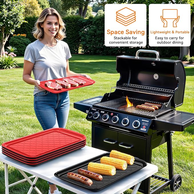 Grilling Prep & Serve Trays for Party Set of 6, Large BBQ Serving Platters | Dishwasher Safe Plastic Trays for Raw and Cooked Food 17"×10.5" Stackable Party Supplies for Grilling, Meal Prep, Red/Black