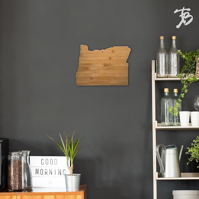 Totally Bamboo Oregon State Shaped Bamboo Serving and Cutting Board | State charcuterie board with natural bamboo grain. Knife-friendly surface for food prep. Hang tie for wall display.