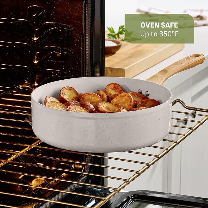 T-fal Revive Ceramic Nonstick Sauté Pan with Lid, 6 Qt Forged Skillet | Recycled aluminum body, GoCeram ceramic nonstick, Thermo-Spot heat indicator, Oven safe to 350°F, Gas and electric compatible