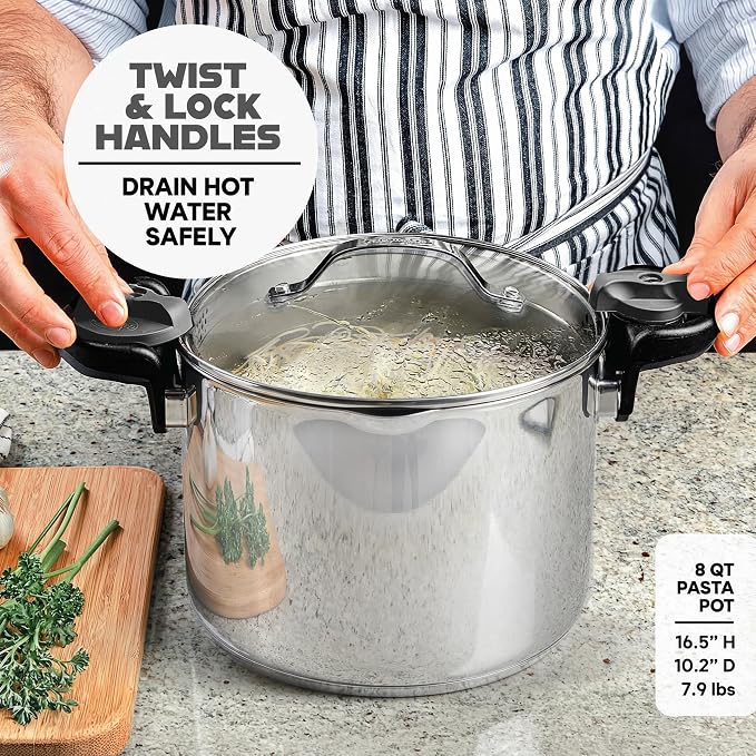 GOTHAM STEEL 8 Qt Stainless Steel Stock Pot Multipurpose Pasta Pot | With Strainer Lid + Twist and Lock Handles, Cooking Pot for Soup, Spaghetti, Rice, Induction Compatible, Dishwasher Safe