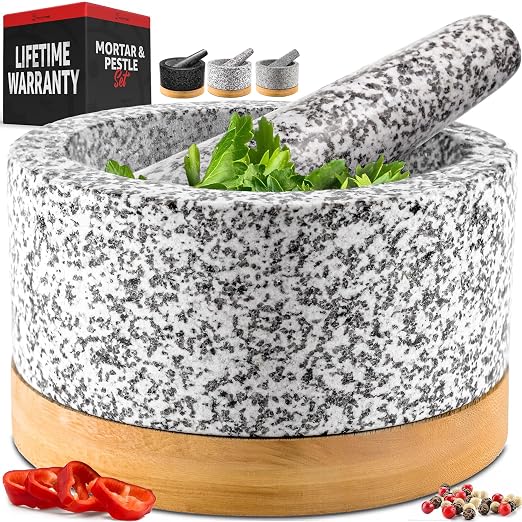 PriorityChef Heavy Duty Mortar and Pestle Set with Bamboo Base, 100% Natural Granite Stone Grinder, Guacamole Bowl and Masher, 4 Cups, White