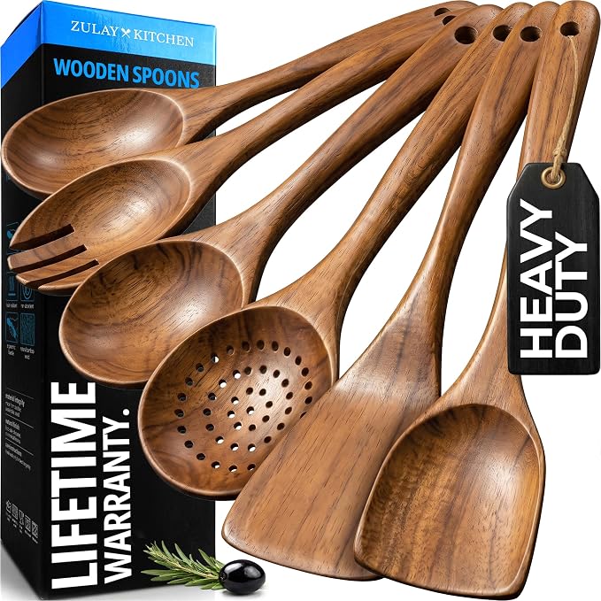 Zulay Kitchen 6 Piece Wooden Spoons for Cooking – Natural Teak Wooden Utensil Set, Easy to Clean, Durable, Smooth with Comfort Grip - Non Toxic Wooden Cooking Utensil Sets