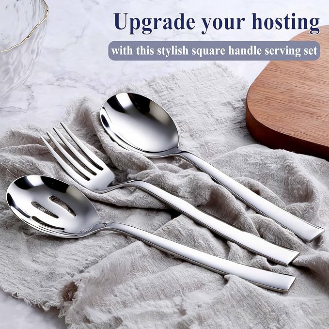 E-far Serving Utensils Set of 6, Stainless Steel Large Serveware Set | 2 Serving Spoons 2 Slotted Spoons 2 Forks for Buffet Parties Catering, Square Handle, Mirror Polished & Dishwasher Safe