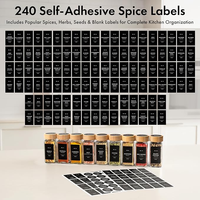 Glass Spice Jars with Label, 24x Bamboo Wooden Lids - Black Labels | Airtight Lids keep spices fresh, Kitchen Spice Drawer Organizer, 4oz Seasoning Containers incl. Funnel, Brush & 240 Labels