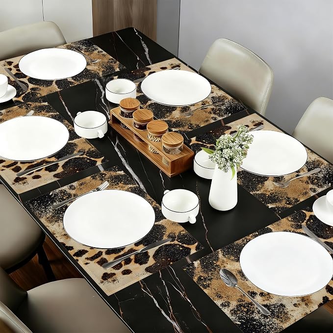 Vintage Leopard Print Fabric Placemats,Gold Glitter Table Placemats Set of 6 Cloth Place Mats, Washable Heat-Resistant Table Mats for Home Kitchen Dining Room Decoration 11.8x17.7 Inch