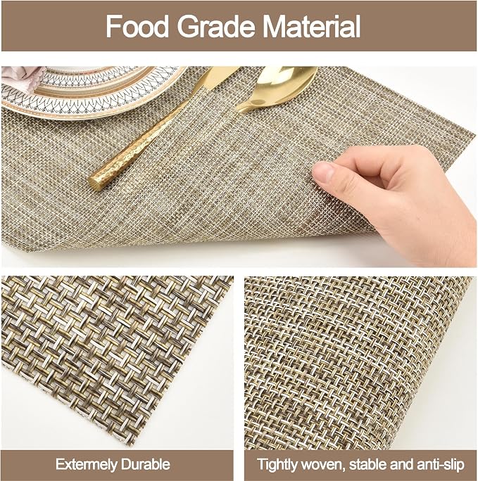 SLKQG Placemats Set of 4 - Easy Clean Washable Vinyl Placemats - Wipeable Heat Resistant Table Mats for Dining Table - 17.7x11.8 Inch (4, Gray & Gold Two-Tone)