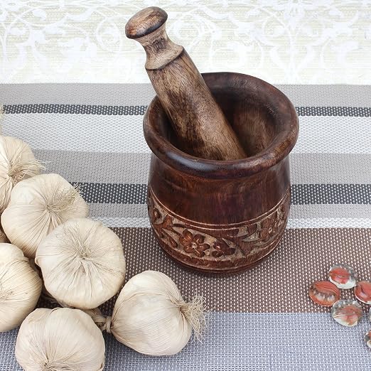 GoCraft Wooden Carved Mortar and Pestle | Grinder for Herbs, Spices and Kitchen Usage, Natural Mango Wood Engraved | Handmade Mortar and Pestle - 3.5 in