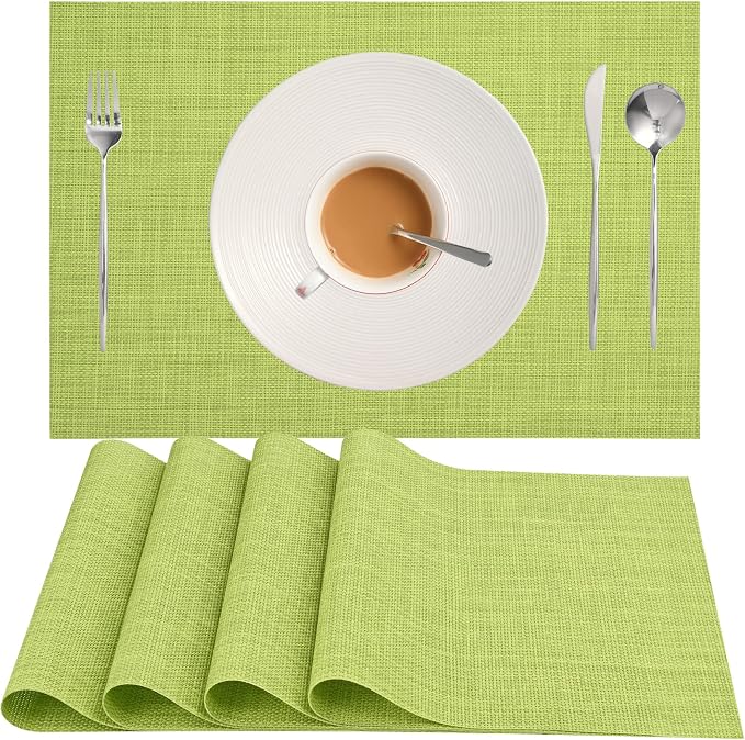 Zupro Grass Green Placemats Set of 4 Woven 18"x12" for Indoor/Outdoor Use | Washable Heat-Resistant Non Slip Table Mats PVC Vinyl Kitchen Dining Patio Table Place Mats for Holidays Dinner Parties BBQs