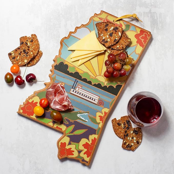 Totally Bamboo Mississippi State Shaped Cutting Board, Summer Stokes Art | State charcuterie board with colorful hand-drawn landscape art. Smooth reverse side for food prep. Hang tie for wall display.
