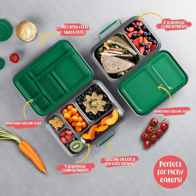 Stainless Steel Lunch Box for Kids, Leak Proof Bento Lunch Box BPA Free 304 Stainless Steel Bento Box Stainless Bento Box with Containers for School and Office(Green)